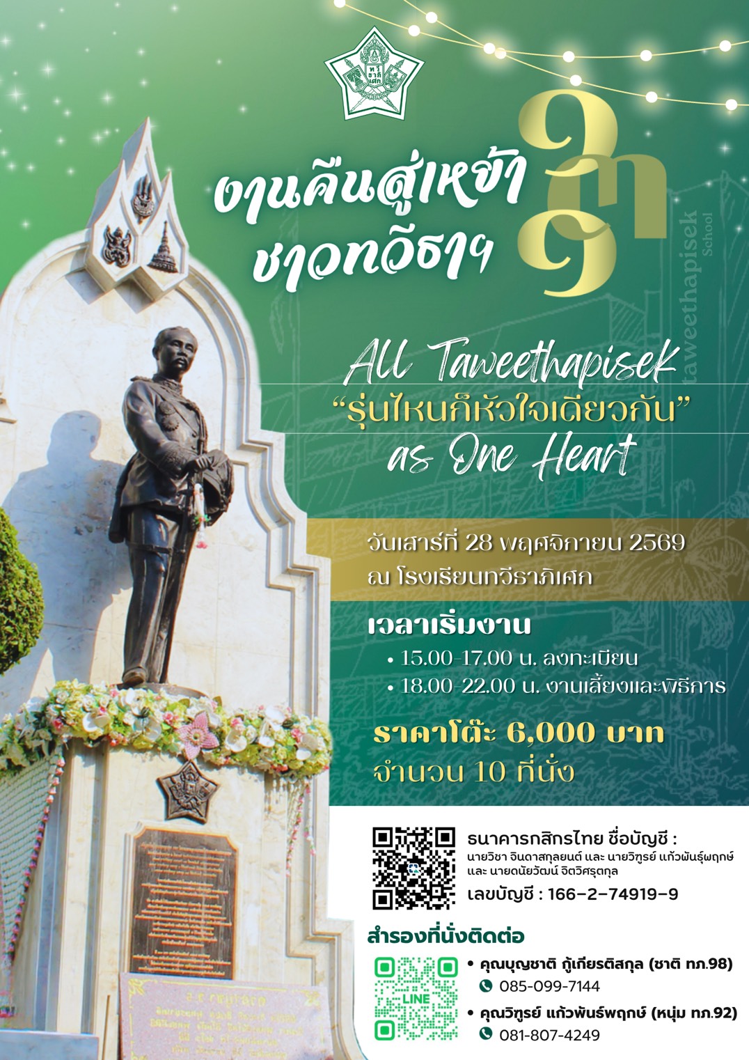 จองโต๊ะงานคืนสู่เหย้า 131 ปี ทวีธาภิเศก